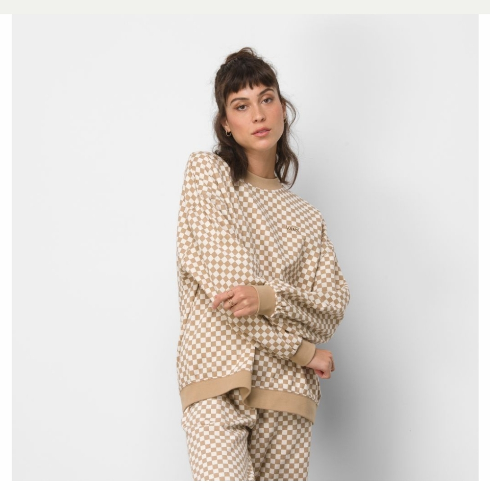 New Vans Checked Crew Neck Sweatshirt - Beige/Tan